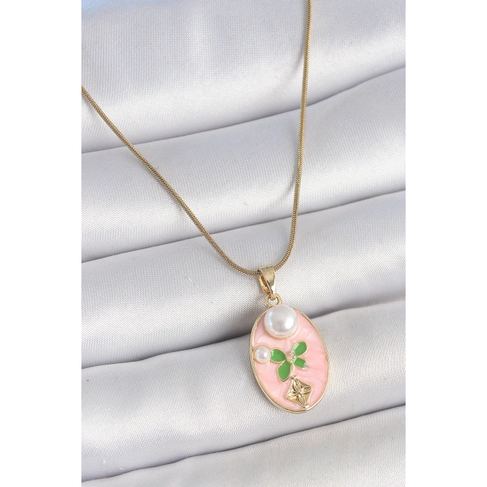 HEYF 316L Çelik Gold Renk Zincir Pembe Mineli Oval İncili Çiçek İşlemeli Portre Model Kadın Kolye