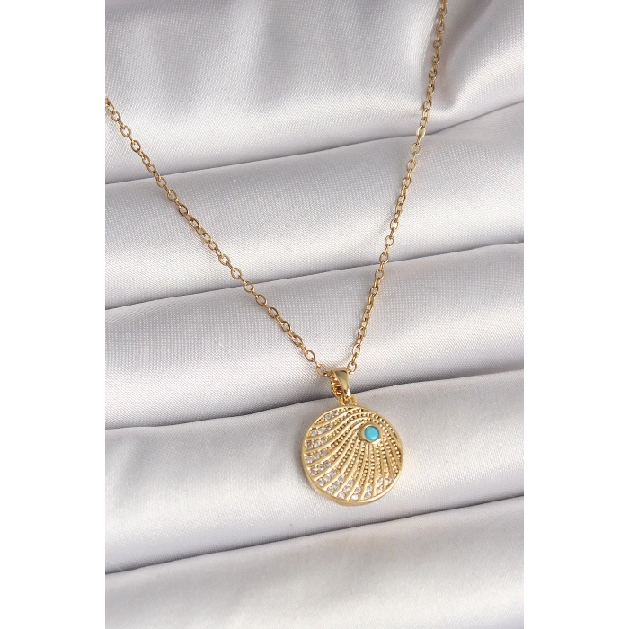 HEYF 316L Çelik Gold Renk Zincir Zirkon Taş İşlemeli Mavi Taş Detaylı Madalyon Model Kadın Kolye