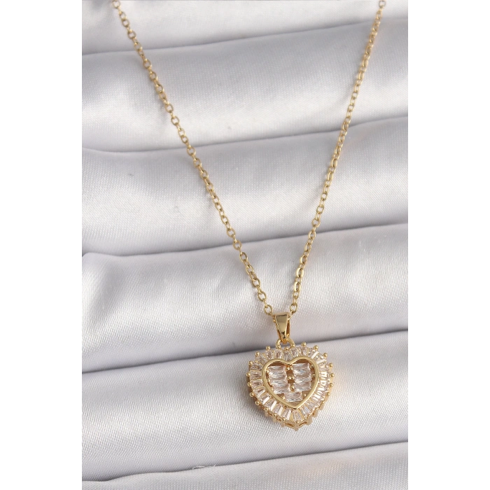 HEYF 316L Çelik Gold Renk Zincir Zirkon Taşlı Kalp Model Kadın Kolye