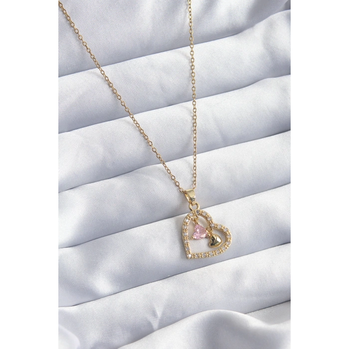 HEYF 316L Çelik Gold Renk Zincir Zirkon Taşlı Kalp Model Kadın Kolye