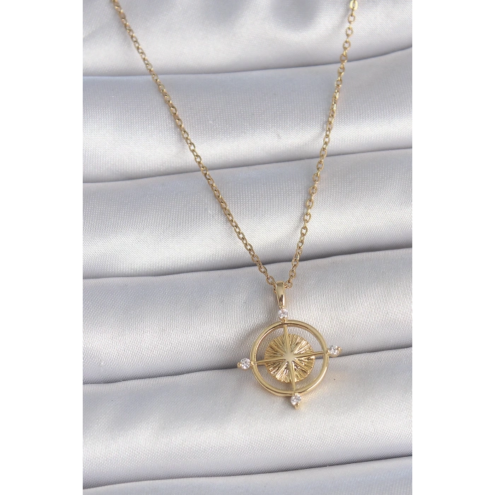 HEYF 316L Çelik Gold Renk Zincir Zirkon Taşlı Pusula Model Kadın Kolye