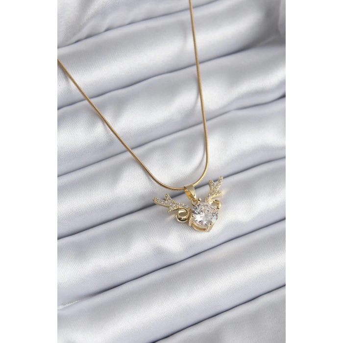 HEYF 316L Çelik Gold Renk Zirkon Taşlı Boynuz Model Kadın Kolye
