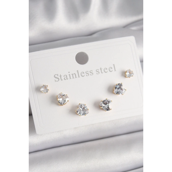 HEYF 316L Çelik Gold Renk Zirkon Taşlı Kalp Model Kadın Küpe Seti