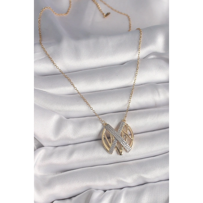 HEYF 316L Çelik Gold Renk Zirkon Taşlı Vintage Model Kadın Kolye