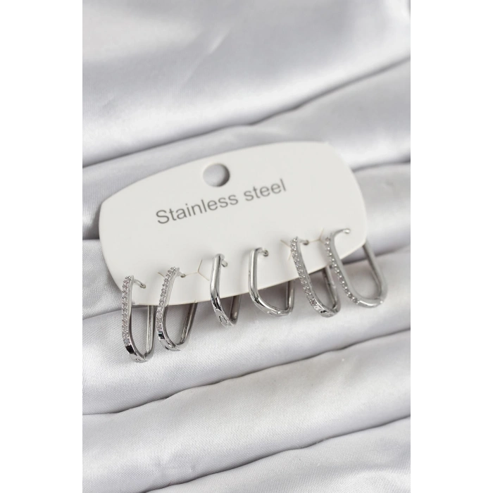 HEYF 316L Çelik Gümüş Renk 6lı Set Geometrik Model Kadın Küpe