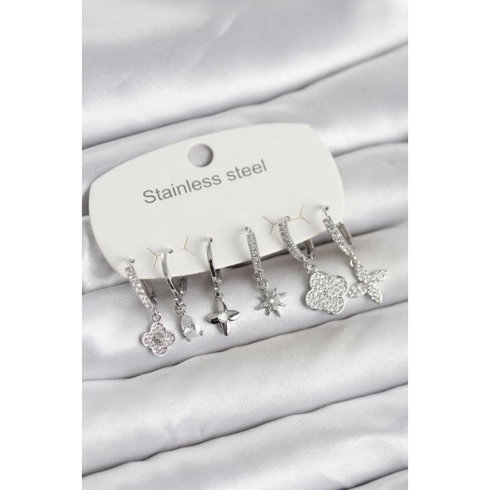 HEYF 316L Çelik Gümüş Renk 6lı Set Yonca Model Kadın Küpe