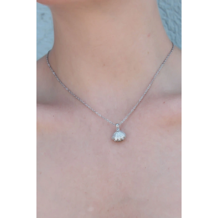 HEYF 316L Çelik Gümüş Renk Açılır Midye Model Kadın Kolye