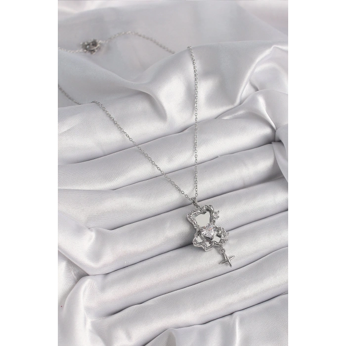 HEYF 316L Çelik Gümüş Renk Ayna Ayıcık Model Zirkon Taşlı Kalp Detay Kadın Kolye