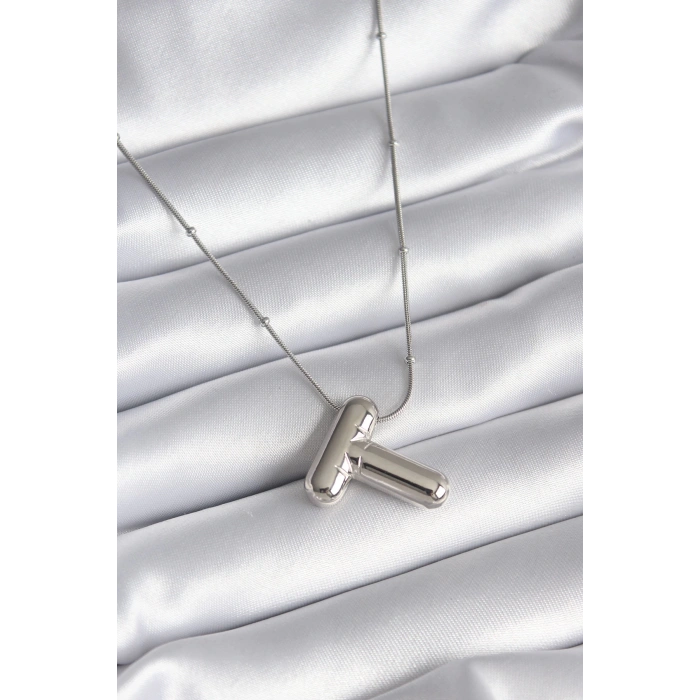 HEYF 316L Çelik Gümüş Renk Bubble T Harf Model Kadın Kolye