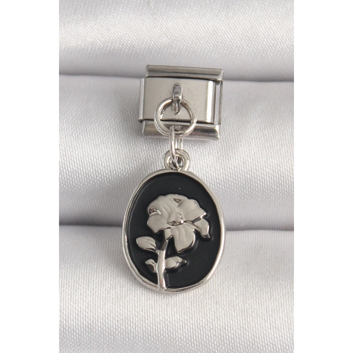 HEYF 316L Çelik Gümüş Renk Gümüş Çiçek İşlemeli Siyah Portre Model Nomination Charm