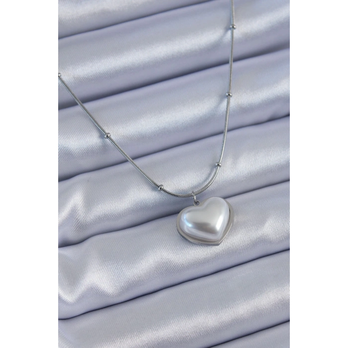 HEYF 316L Çelik Gümüş Renk İncili Kalp Model Minimal Top Detay Kadın Kolye