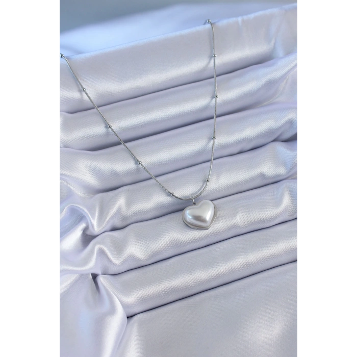 HEYF 316L Çelik Gümüş Renk İncili Kalp Model Minimal Top Detay Kadın Kolye