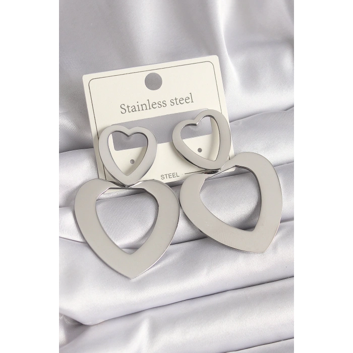 HEYF 316L Çelik Gümüş Renk Kalp Model Kadın Küpe