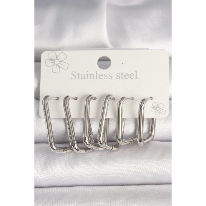 HEYF 316L Çelik Gümüş Renk Kare Model Kadın Küpe Seti