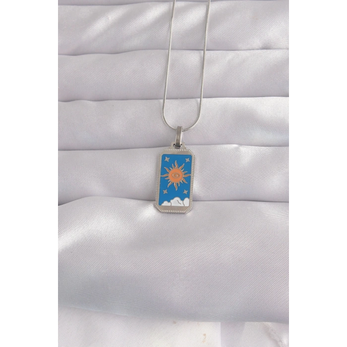 HEYF 316L Çelik Gümüş Renk Mavi Mineli Güneş Model Tarot Kolye