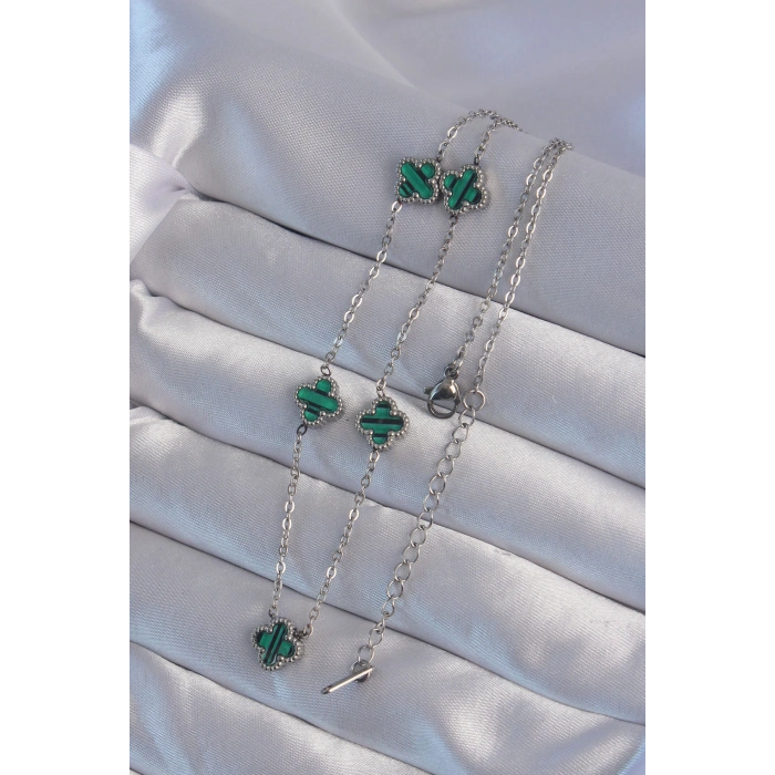 HEYF 316L Çelik Gümüş Renk Minimal Yeşil Mineli Yonca Kolye