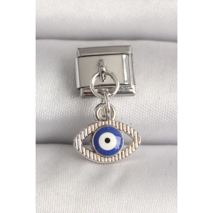 HEYF 316L Çelik Gümüş Renk Nazar Boncuk Detaylı Göz Model Nomination Charm