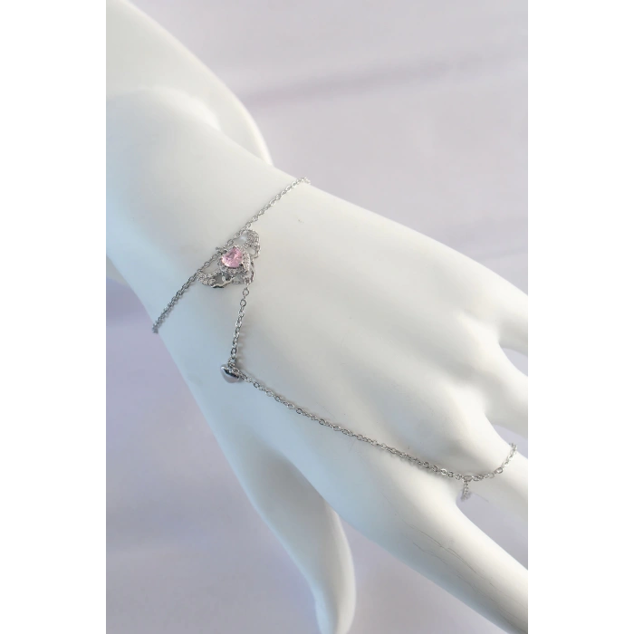 HEYF 316L Çelik Gümüş Renk Pembe Zirkon Taşlı Kanatlı Kalp Model Şahmeran