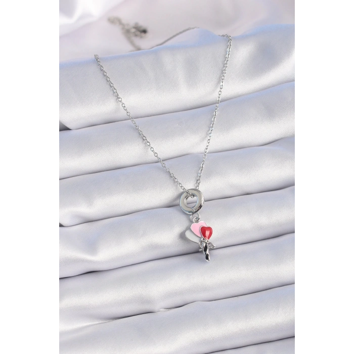 HEYF 316L Çelik Gümüş Renk Renkli Kalp Figür Charm Model Kadın Kolye