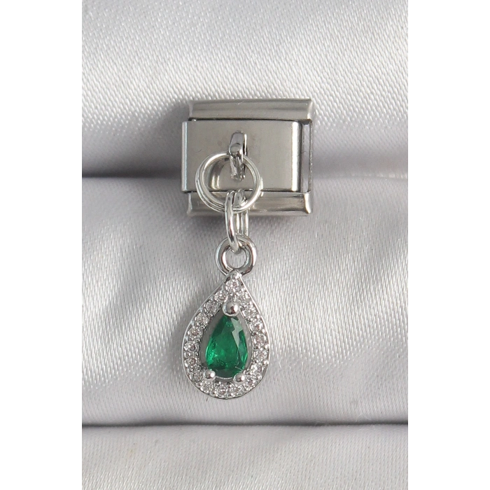 HEYF 316L Çelik Gümüş Renk Sallantı Yeşil Zirkon Taşlı Damla Model Nomination Charm