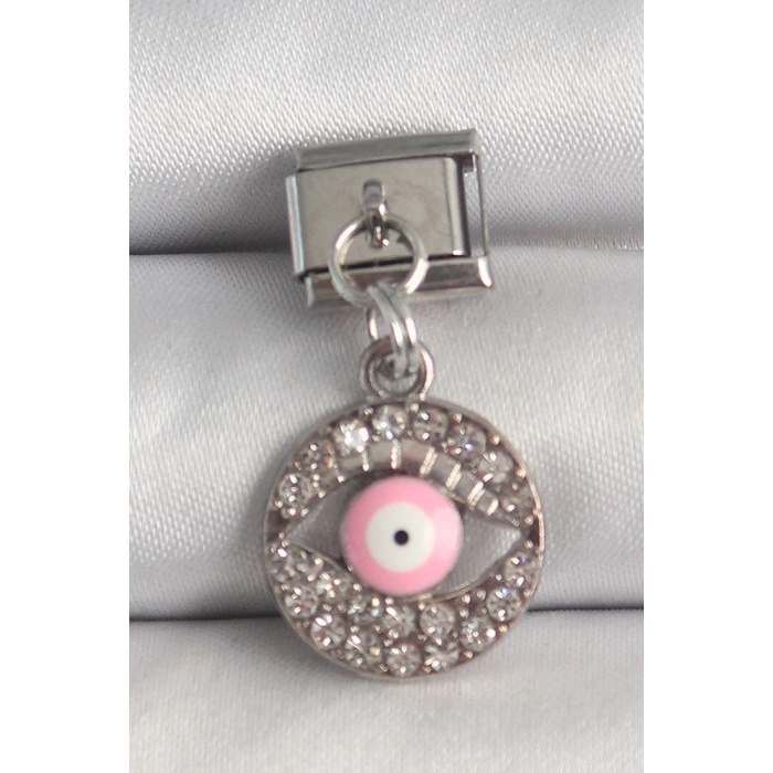 HEYF 316L Çelik Gümüş Renk Sallantı Zirkon Taşlı Pembe Göz Model Nomination Charm