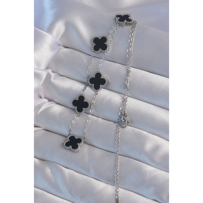 HEYF 316L Çelik Gümüş Renk Siyah Mineli Yonca Kolye