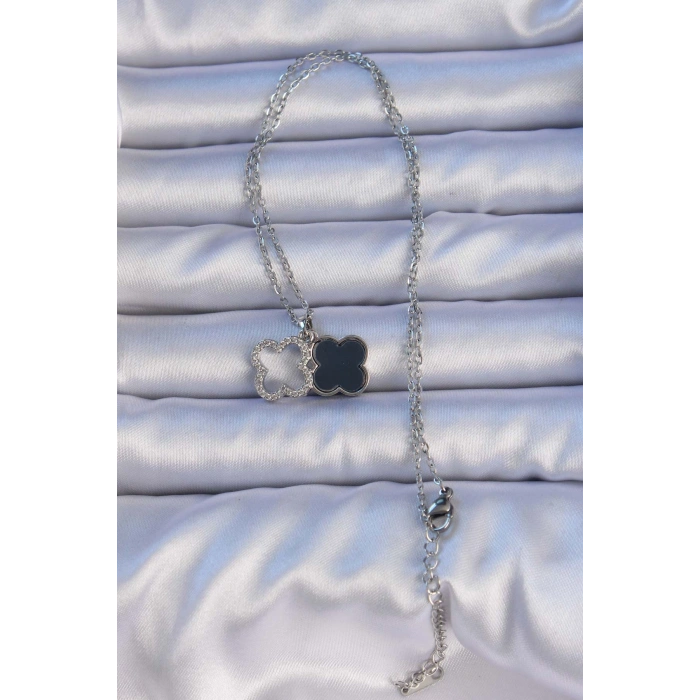 HEYF 316L Çelik Gümüş Renk Siyah Mineli Zirkon Taşlı Yonca Figürlü Kolye