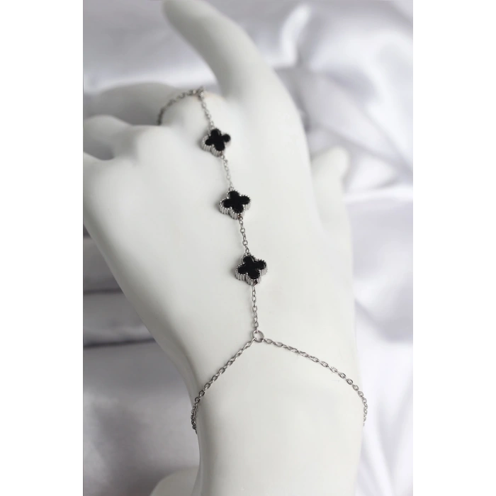 HEYF 316L Çelik Gümüş Renk Siyah Yonca Model Kadın Şahmeran