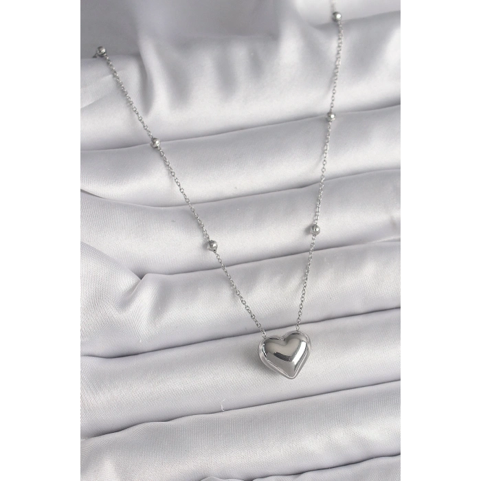 HEYF 316L Çelik Gümüş Renk Topçuk Detay Zincir Kalp Model Kadın Kolye