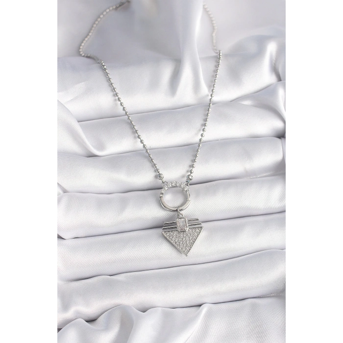 HEYF 316L Çelik Gümüş Renk Topçuk Zincir Zirkon Taşlı Üçgen Model Kadın Kolye