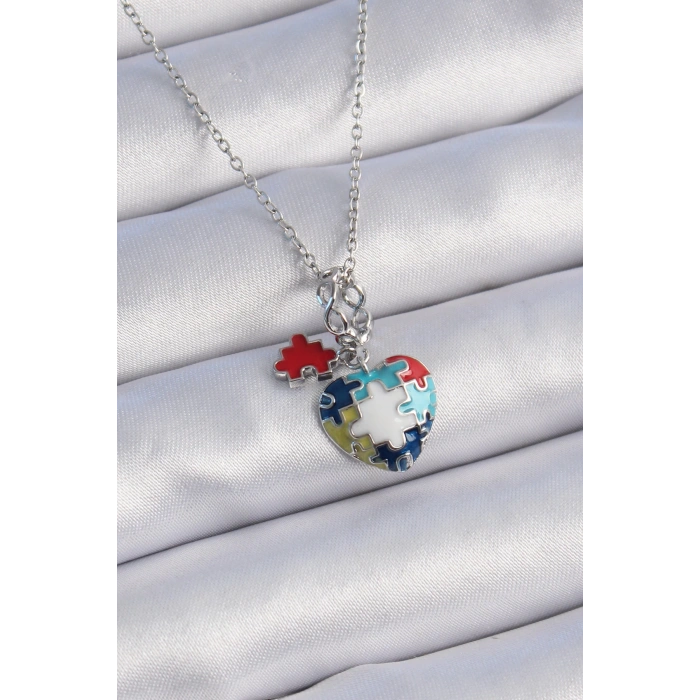 HEYF 316L Çelik Gümüş Renk Yapboz Motif Kalp Figür Charm Model Kadın Kolye