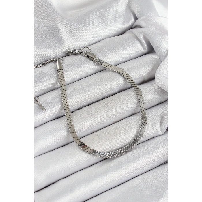 HEYF 316L Çelik Gümüş Renk Yassı Zincir Model Kadın Bileklik