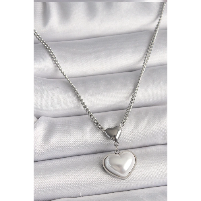 HEYF 316L Çelik Gümüş Renk Zincir 3D Kalp Model Kadın Kolye