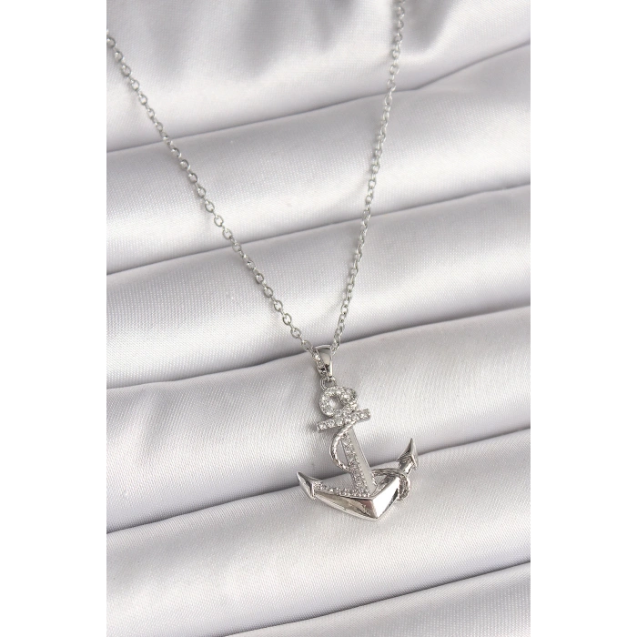 HEYF 316L Çelik Gümüş Renk Zincir Zirkon Taş Detaylı Çapa Model Kadın Kolye