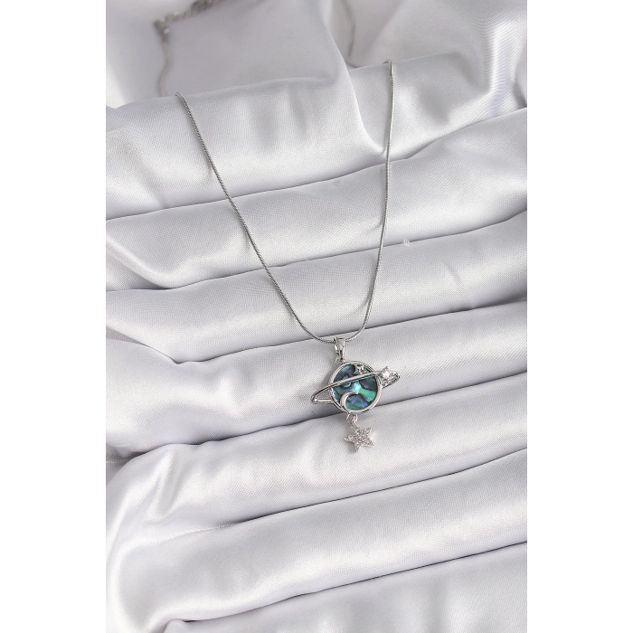 HEYF 316L Çelik Gümüş Renk Zincir Zirkon Taşlı Gezegen Model Kadın Kolye