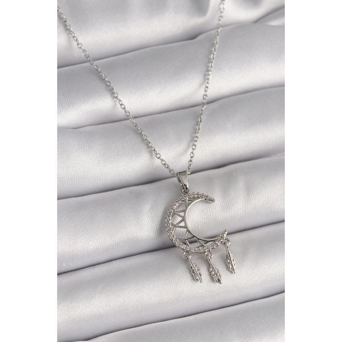 HEYF 316L Çelik Gümüş Renk Zincir Zirkon Taşlı Hilal Model Sallantı Yaprak Detay Kadın Kolye