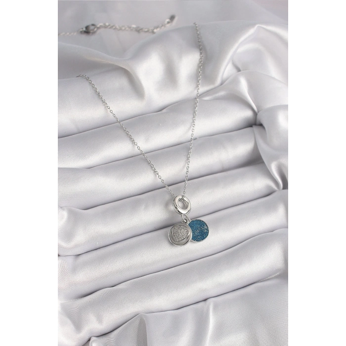HEYF 316L Çelik Gümüş Renk Zincir Zirkon Taşlı İşleme Mavi Simli Kadın Kolye