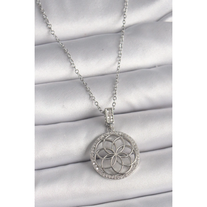 HEYF 316L Çelik Gümüş Renk Zincir Zirkon Taşlı Lotus Model Kadın Kolye