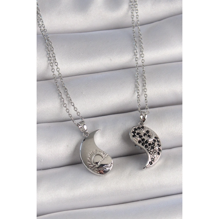 HEYF 316L Çelik Gümüş Renk Zincir Zirkon Taşlı Ying Yang Model Gün Batımı İşlemeli Arakdaşlık Kadın Kolye