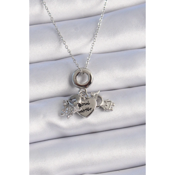 HEYF 316L Çelik Gümüş Renk Zirkon Taş Detay Çocuk Figür Charm Model Kadın Kolye