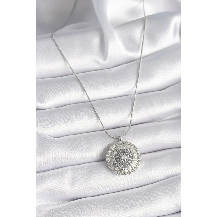 HEYF 316L Çelik Gümüş Renk Zirkon Taşlı 12 Burç Madalyon Model Kadın Kolye