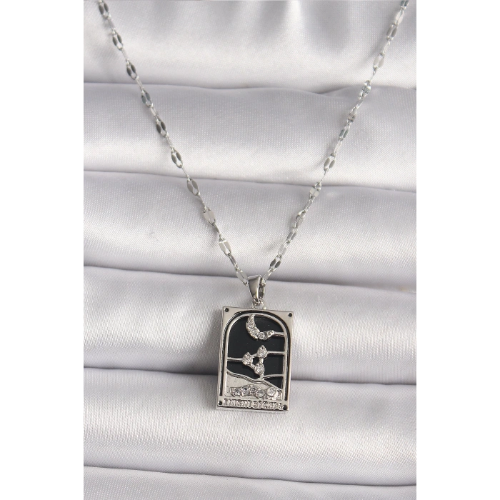 HEYF 316L Çelik Gümüş Renk Zirkon Taşlı  Ay Figürlü Taror Model Kadın Kolye