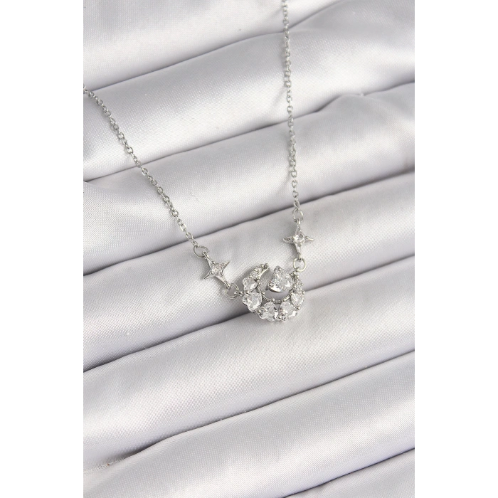 HEYF 316L Çelik Gümüş Renk Zirkon Taşlı Hilal Kalp Model Kadın Kolye