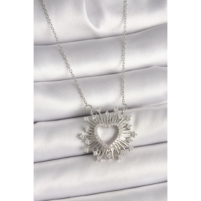 HEYF 316L Çelik Gümüş Renk Zirkon Taşlı Kalp Model Kadın Kolye