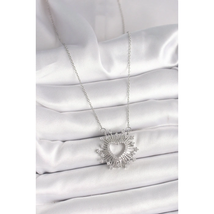 HEYF 316L Çelik Gümüş Renk Zirkon Taşlı Kalp Model Kadın Kolye