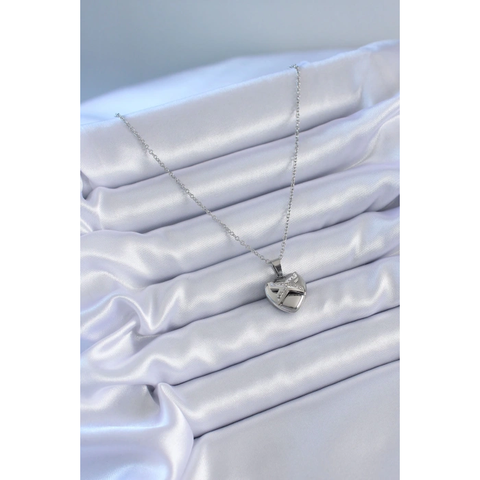 HEYF 316L Çelik Gümüş Renk Zirkon Taşlı Kalp Model Kadın Kolye