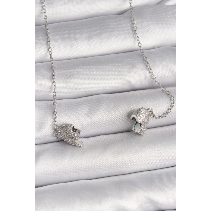 HEYF 316L Çelik Gümüş Renk Zirkon Taşlı Mıknatıslı Kalp Model Kadın Kolye