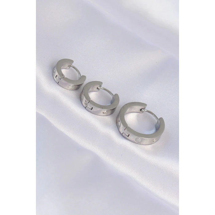 HEYF 316L Çelik Gümüş Renk Zirkon Taşlı Model 3lü Halka Küpe