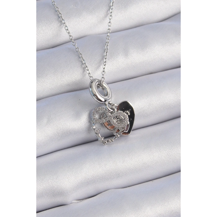 HEYF 316L Çelik Gümüş Renk Zirkon Taşlı Sonsuzluk Kalp Figür Charm Model Kadın Kolye