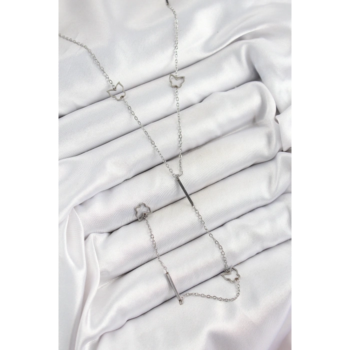 HEYF 316L Çelik Kelebek Figürlü Y Model Gümüş Renk Kadın Kolye